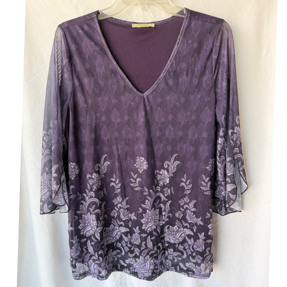 Bebonnie Whimsigoth Fairycore Romantic Purple Floral Mesh Bell Sleeve Boho Large